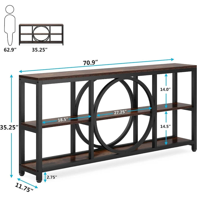 Console extra longue de 180 cm avec 3 étagères de rangement en bois