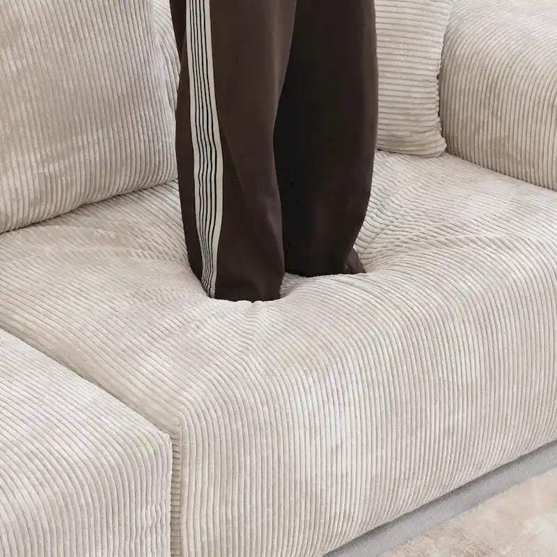 Canapé d'angle en velours côtelé surdimensionné en forme de L classique et profond avec ottoman