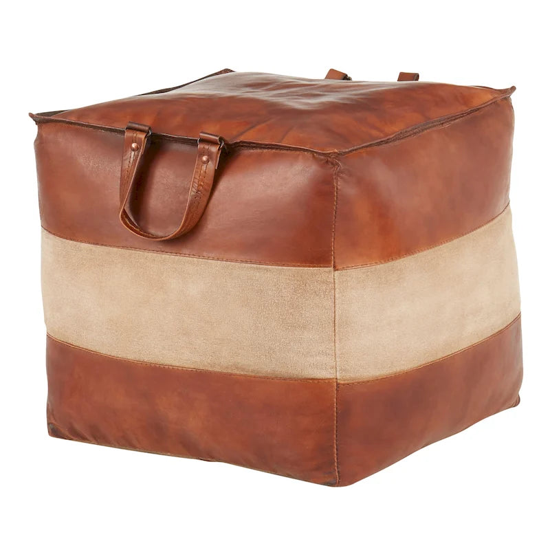 Pouf ottoman industriel Najah en cuir et toile Carbon Loft