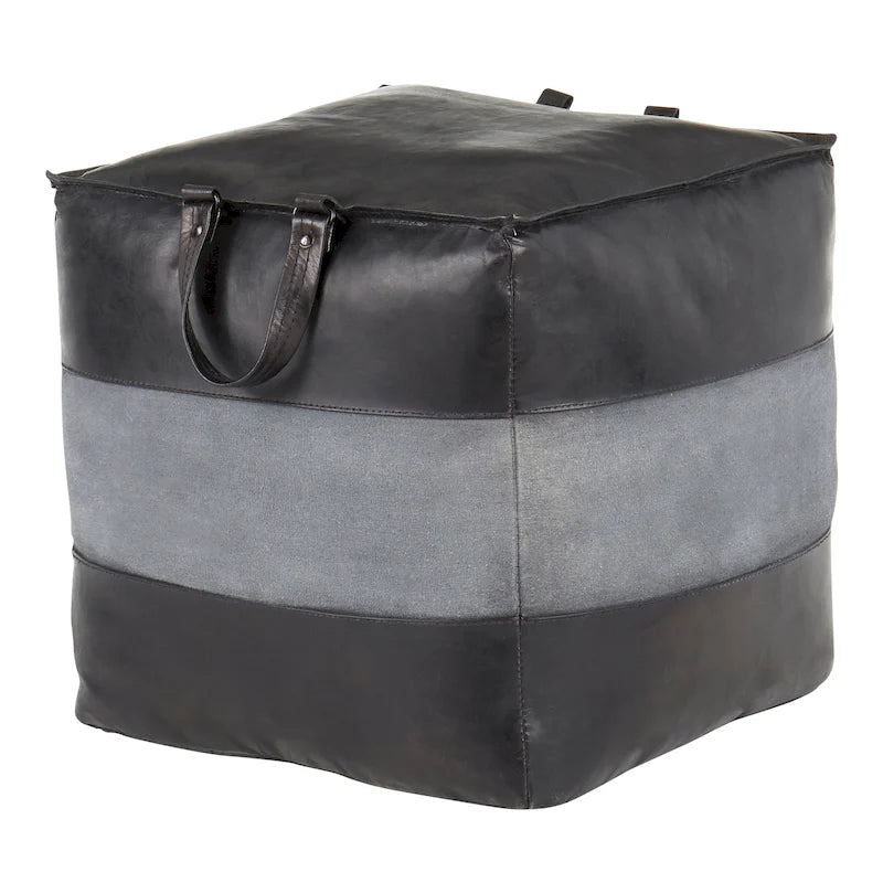 Pouf ottoman industriel Najah en cuir et toile Carbon Loft