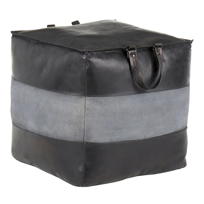 Pouf ottoman industriel Najah en cuir et toile Carbon Loft