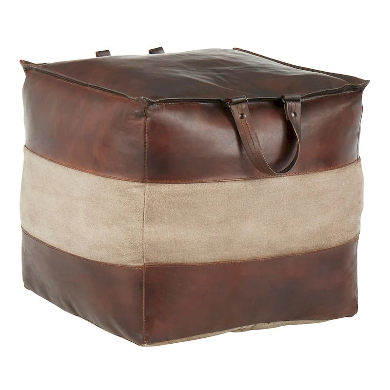Pouf ottoman industriel Najah en cuir et toile Carbon Loft