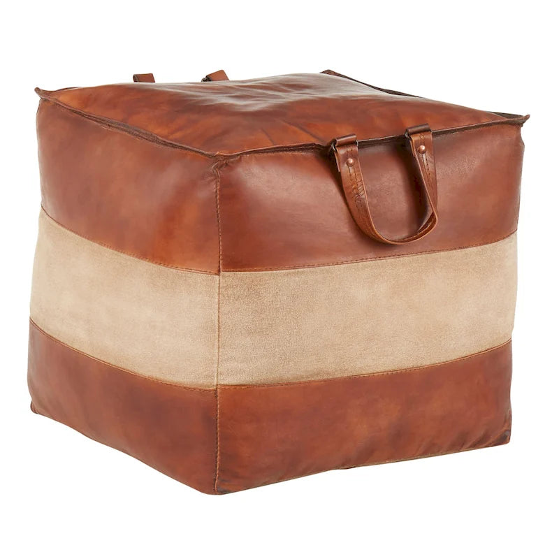 Pouf ottoman industriel Najah en cuir et toile Carbon Loft