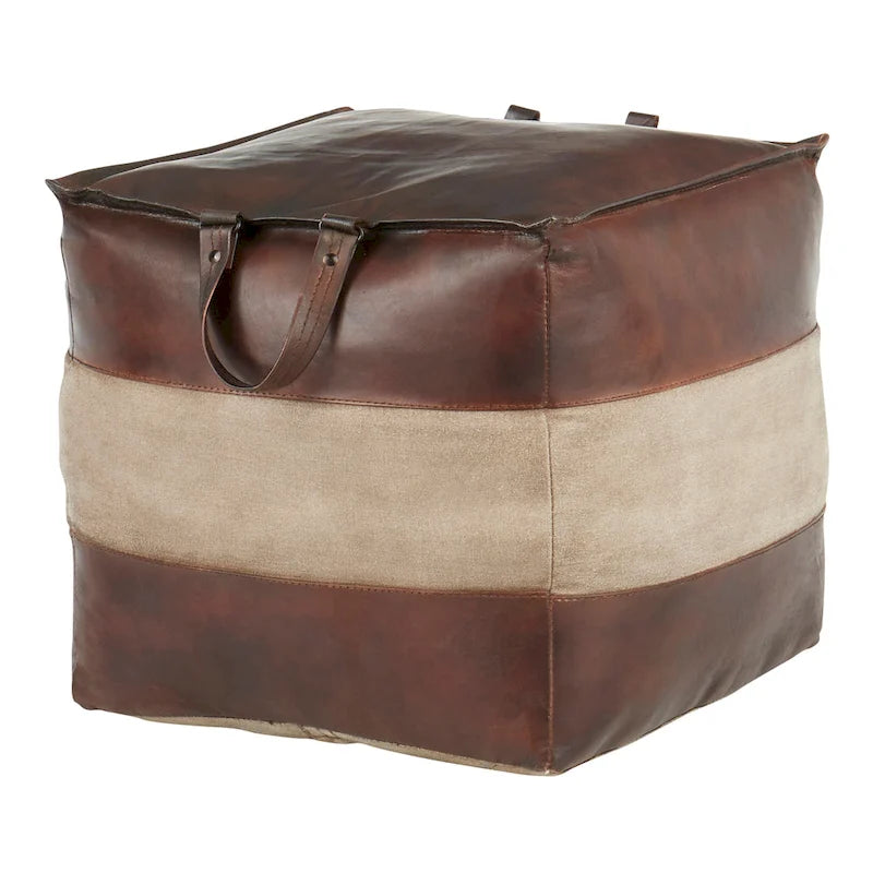 Pouf ottoman industriel Najah en cuir et toile Carbon Loft