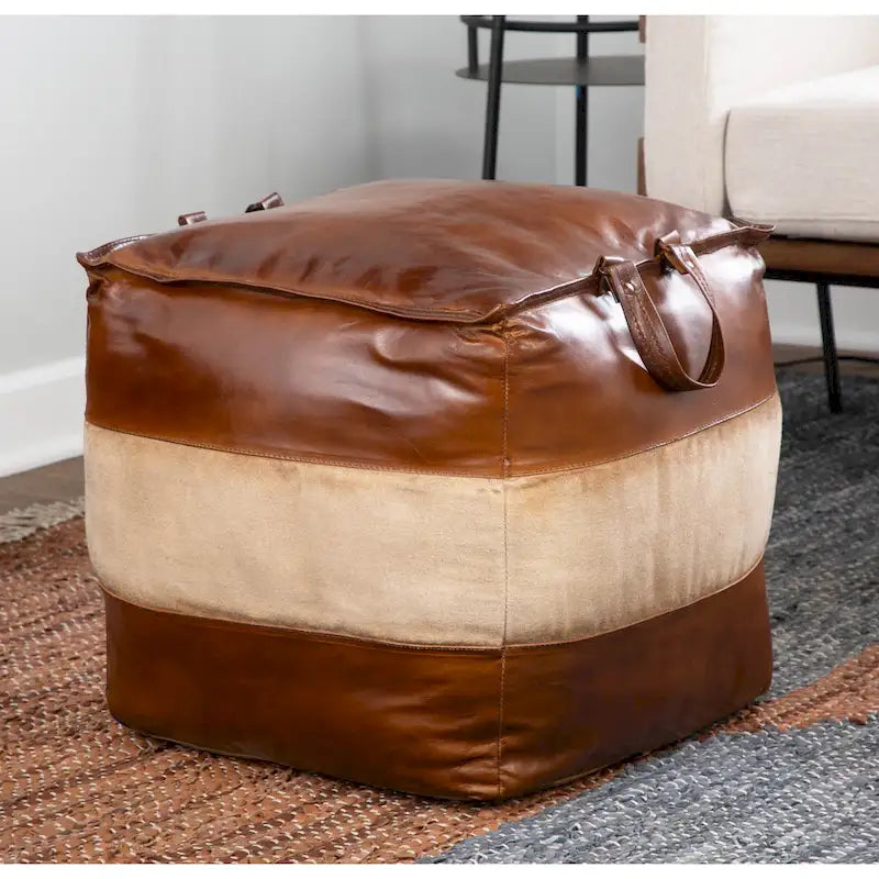 Pouf ottoman industriel Najah en cuir et toile Carbon Loft