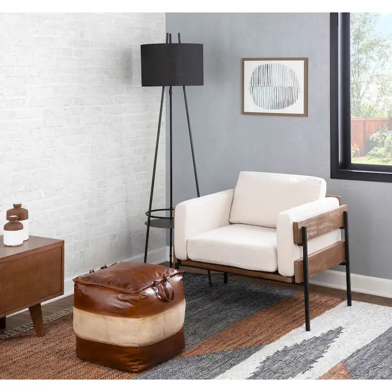 Pouf ottoman industriel Najah en cuir et toile Carbon Loft