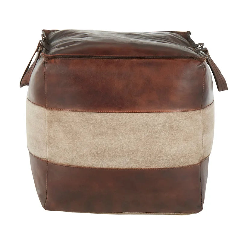 Pouf ottoman industriel Najah en cuir et toile Carbon Loft
