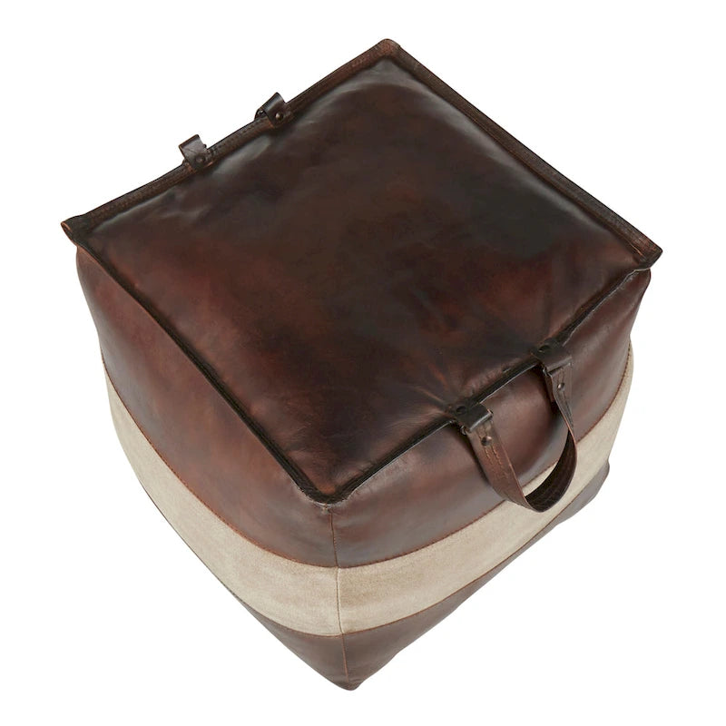 Pouf ottoman industriel Najah en cuir et toile Carbon Loft