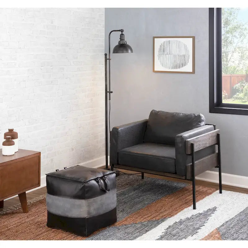 Pouf ottoman industriel Najah en cuir et toile Carbon Loft
