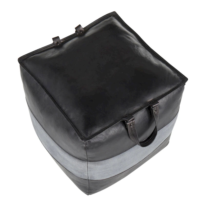 Pouf ottoman industriel Najah en cuir et toile Carbon Loft