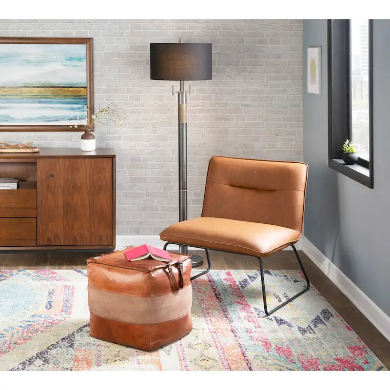 Pouf ottoman industriel Najah en cuir et toile Carbon Loft