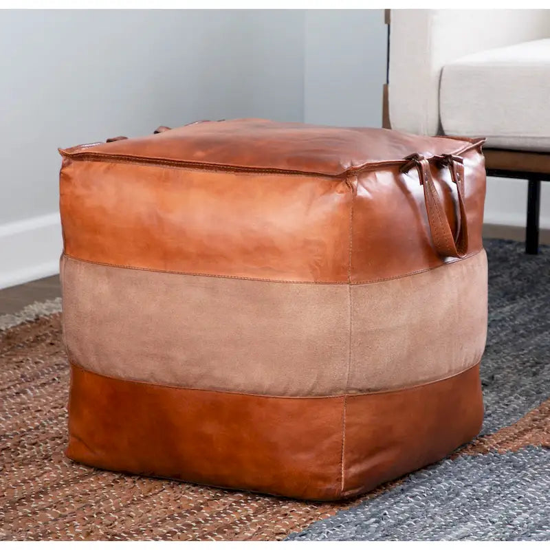 Pouf ottoman industriel Najah en cuir et toile Carbon Loft