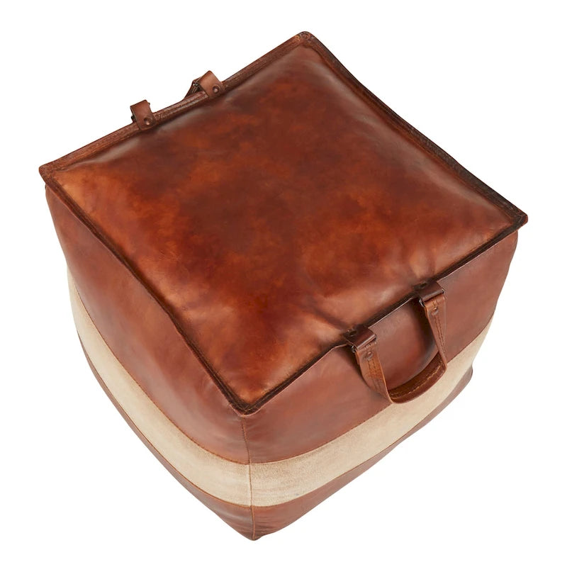 Pouf ottoman industriel Najah en cuir et toile Carbon Loft