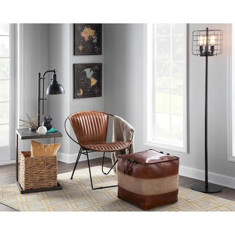Pouf ottoman industriel Najah en cuir et toile Carbon Loft