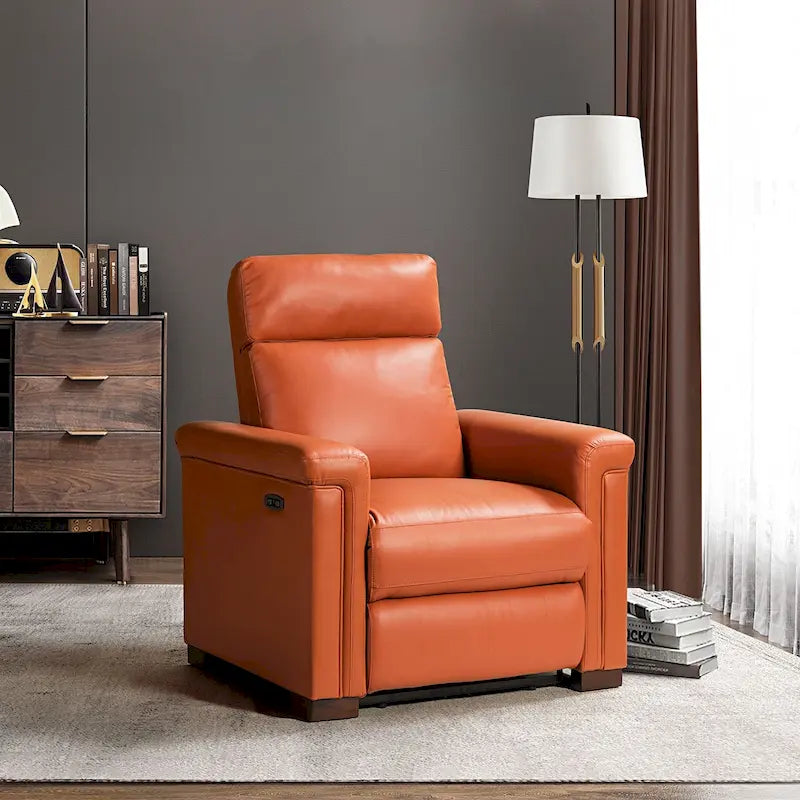 Fauteuil inclinable électrique contemporain classique en cuir véritable Alicia de 88 cm de large avec port USB