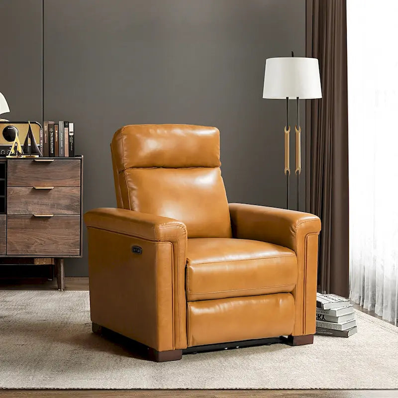 Fauteuil inclinable électrique contemporain classique en cuir véritable Alicia de 88 cm de large avec port USB