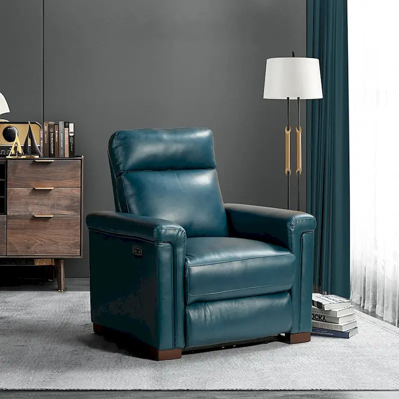 Fauteuil inclinable électrique contemporain classique en cuir véritable Alicia de 88 cm de large avec port USB