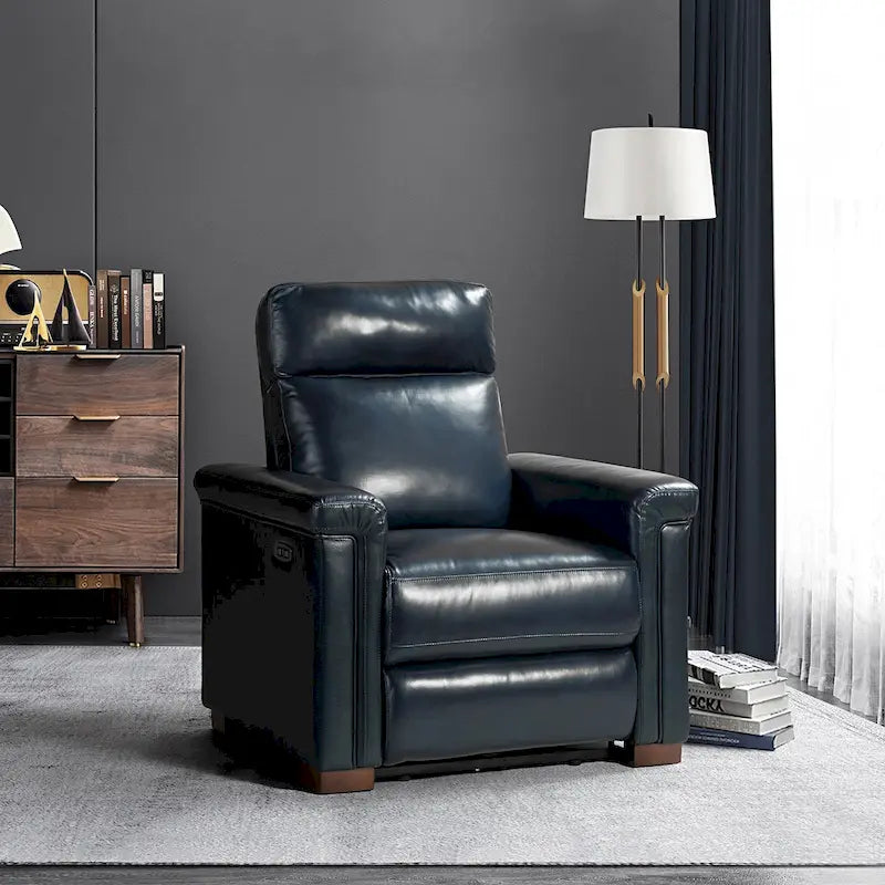 Fauteuil inclinable électrique contemporain classique en cuir véritable Alicia de 88 cm de large avec port USB