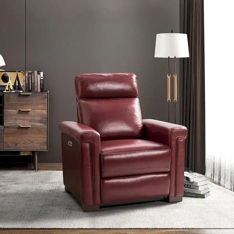 Fauteuil inclinable électrique contemporain classique en cuir véritable Alicia de 88 cm de large avec port USB