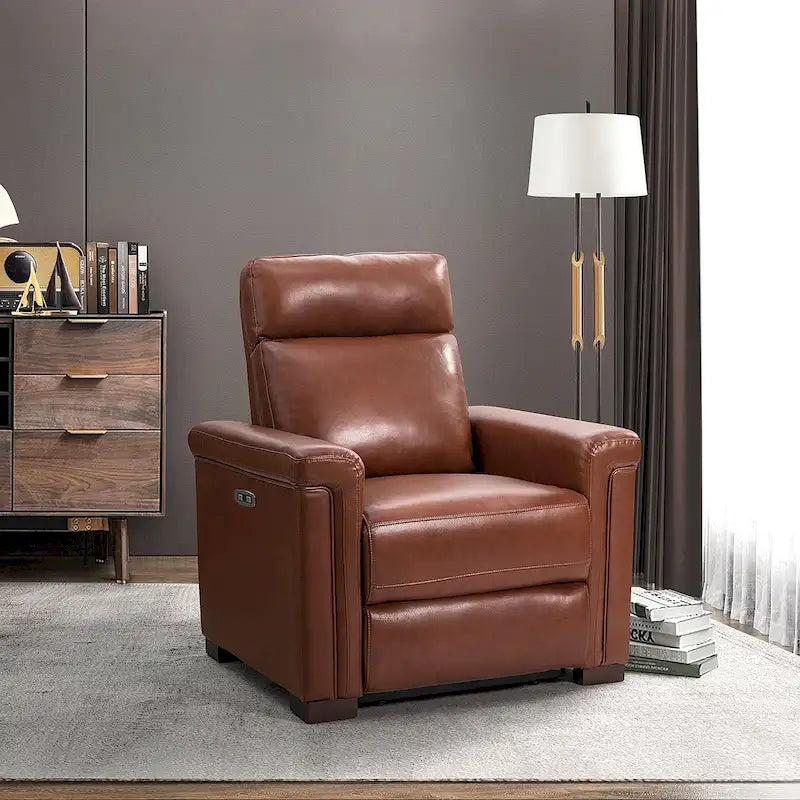Fauteuil inclinable électrique contemporain classique en cuir véritable Alicia de 88 cm de large avec port USB