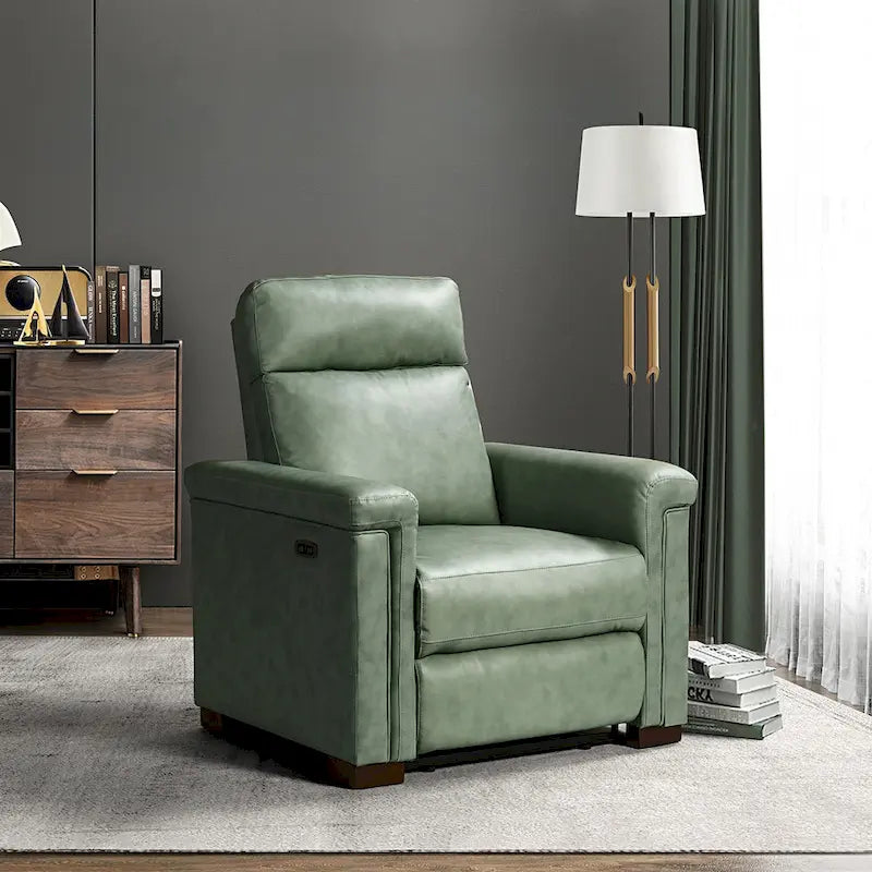 Fauteuil inclinable électrique contemporain classique en cuir véritable Alicia de 88 cm de large avec port USB