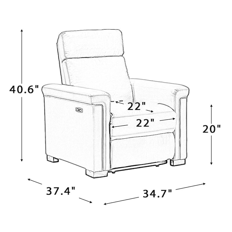 Fauteuil inclinable électrique contemporain classique en cuir véritable Alicia de 88 cm de large avec port USB