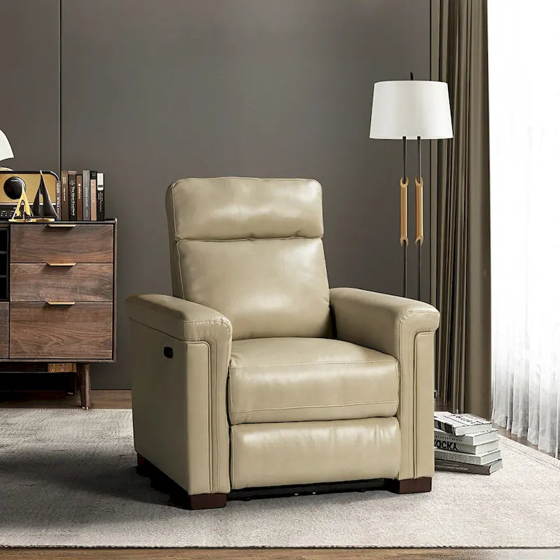 Fauteuil inclinable électrique contemporain classique en cuir véritable Alicia de 88 cm de large avec port USB