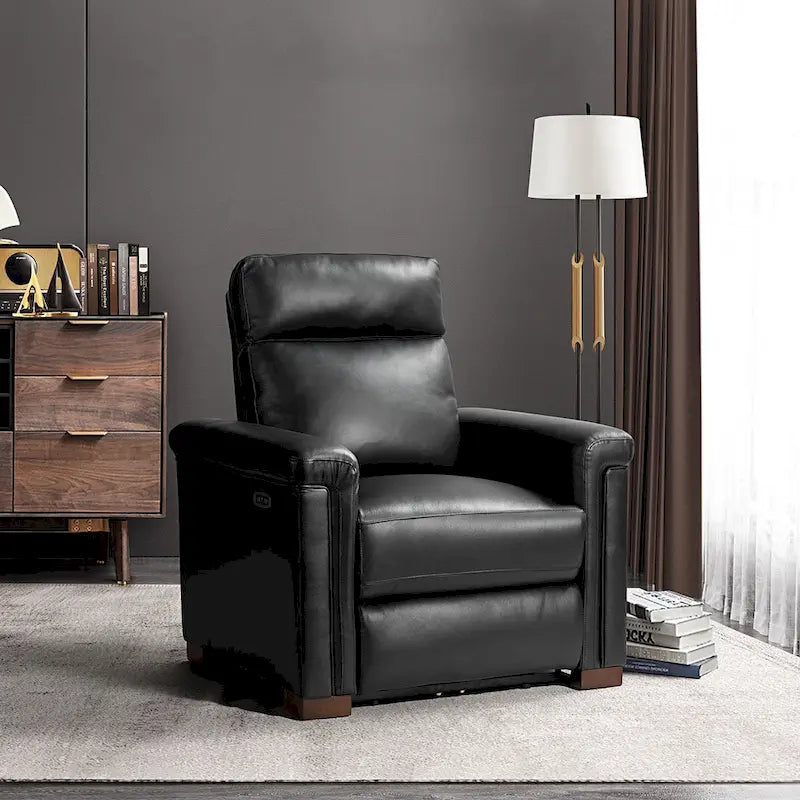 Fauteuil inclinable électrique contemporain classique en cuir véritable Alicia de 88 cm de large avec port USB