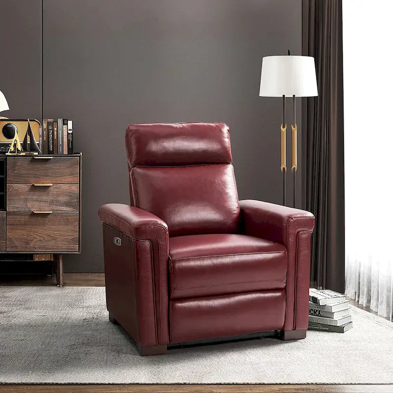 Fauteuil inclinable électrique contemporain classique en cuir véritable Alicia de 88 cm de large avec port USB