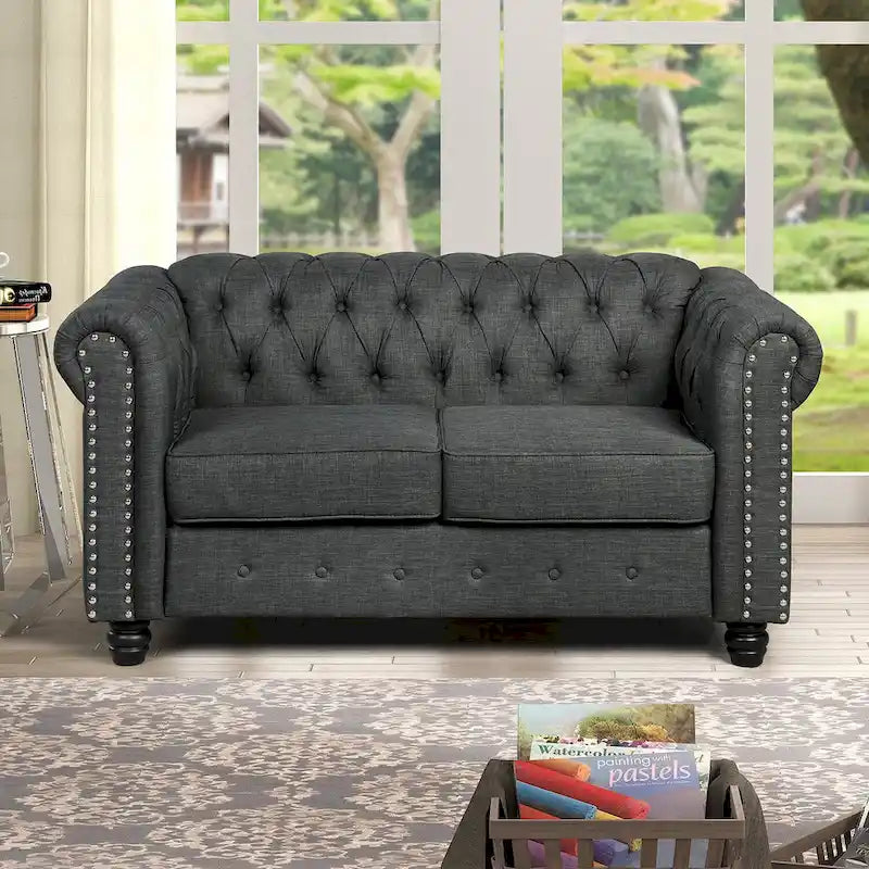 Morden Fort Ensemble 2 pièces Chesterfield capitonné, canapé et causeuse, en tissu, lin, pour salon