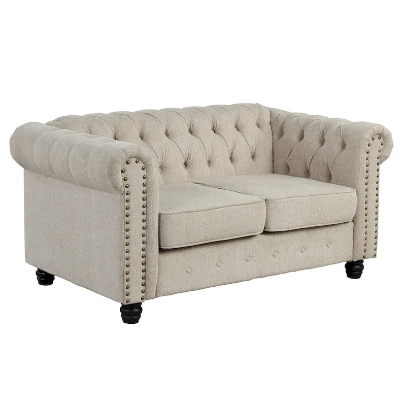 Morden Fort Ensemble 2 pièces Chesterfield capitonné, canapé et causeuse, en tissu, lin, pour salon
