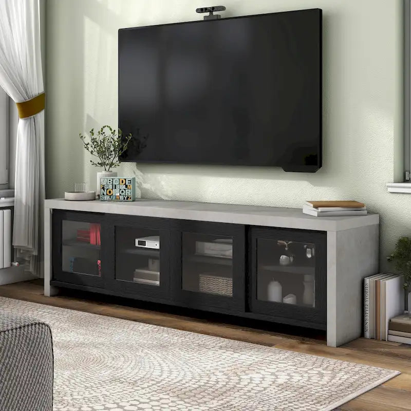 Meuble TV de rangement multifonctionnel en verre Haylin Contemporary de 71 pouces
