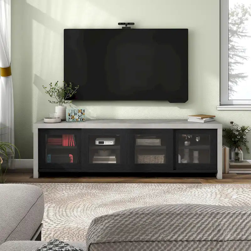 Meuble TV de rangement multifonctionnel en verre Haylin Contemporary de 71 pouces