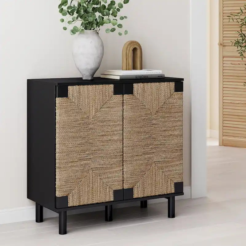 Meuble d'appoint Nathan James Beacon en bois avec portes en jonc de mer et étagère réglable