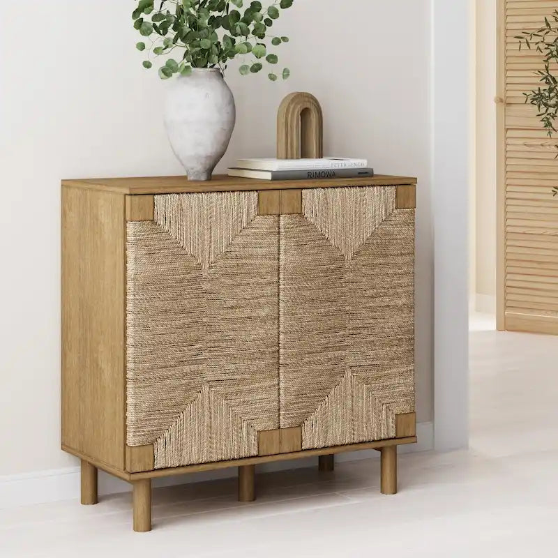 Meuble d'appoint Nathan James Beacon en bois avec portes en jonc de mer et étagère réglable