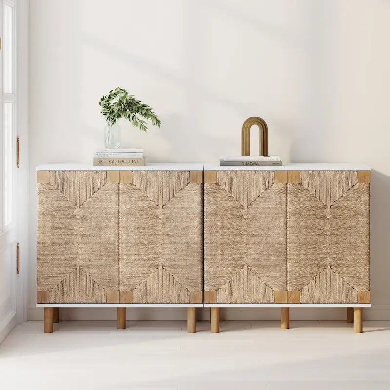 Meuble d'appoint Nathan James Beacon en bois avec portes en jonc de mer et étagère réglable