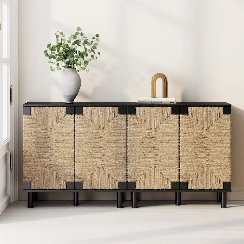Meuble d'appoint Nathan James Beacon en bois avec portes en jonc de mer et étagère réglable