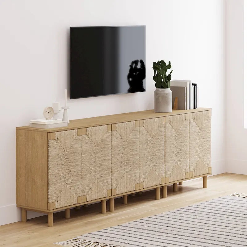 Meuble d'appoint Nathan James Beacon en bois avec portes en jonc de mer et étagère réglable