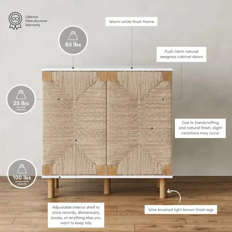 Meuble d'appoint Nathan James Beacon en bois avec portes en jonc de mer et étagère réglable