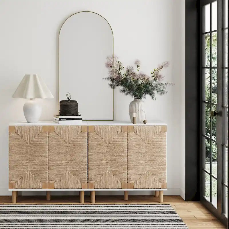 Meuble d'appoint Nathan James Beacon en bois avec portes en jonc de mer et étagère réglable