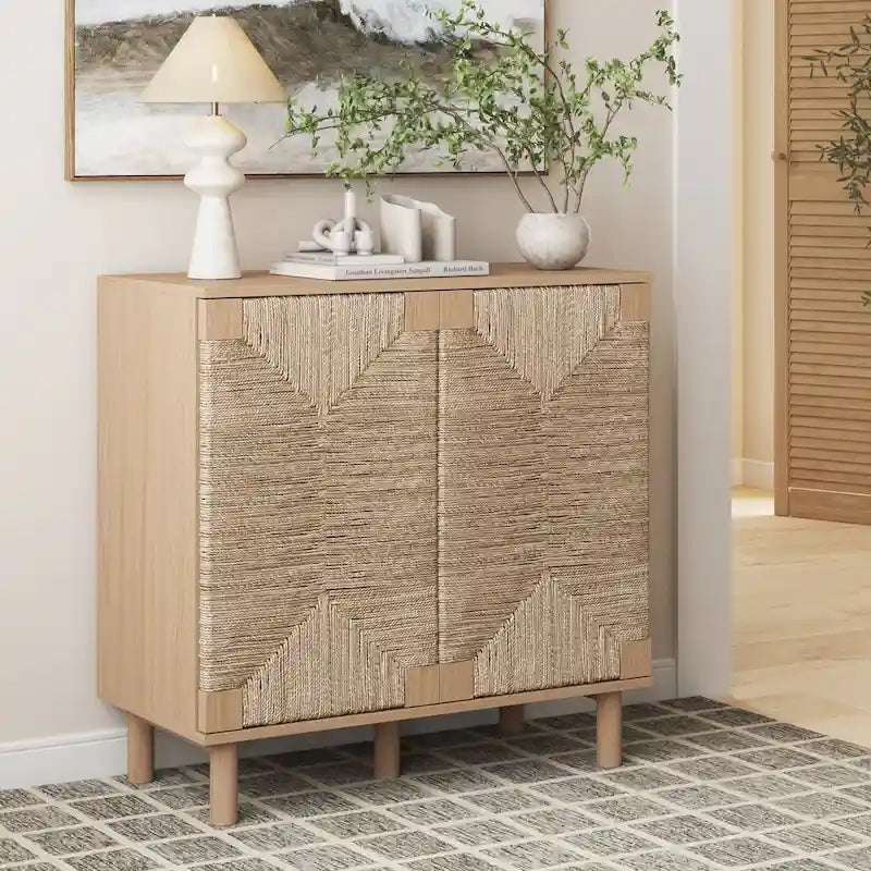 Meuble d'appoint Nathan James Beacon en bois avec portes en jonc de mer et étagère réglable