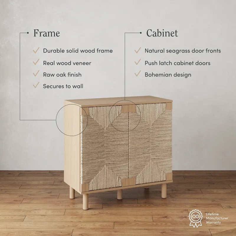 Meuble d'appoint Nathan James Beacon en bois avec portes en jonc de mer et étagère réglable