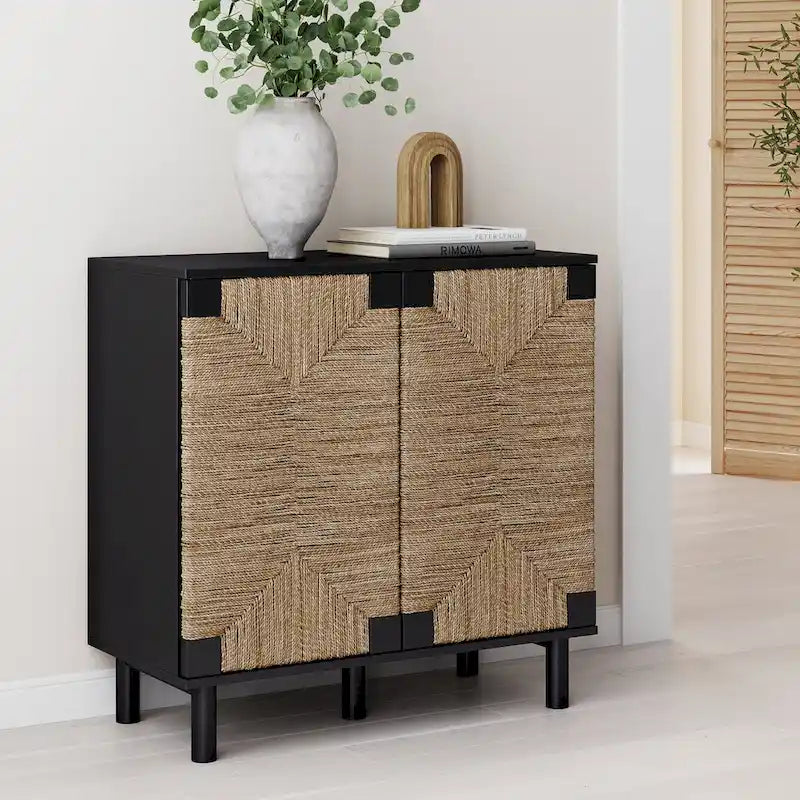 Meuble d'appoint Nathan James Beacon en bois avec portes en jonc de mer et étagère réglable