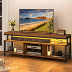Meuble TV industriel en bois avec lumière LED, étagères de rangement ouvertes, prises de courant et télécommande Bluetooth