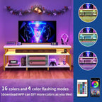 Meuble TV industriel en bois avec lumière LED, étagères de rangement ouvertes, prises de courant et télécommande Bluetooth