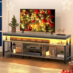 Meuble TV industriel en bois avec lumière LED, étagères de rangement ouvertes, prises de courant et télécommande Bluetooth