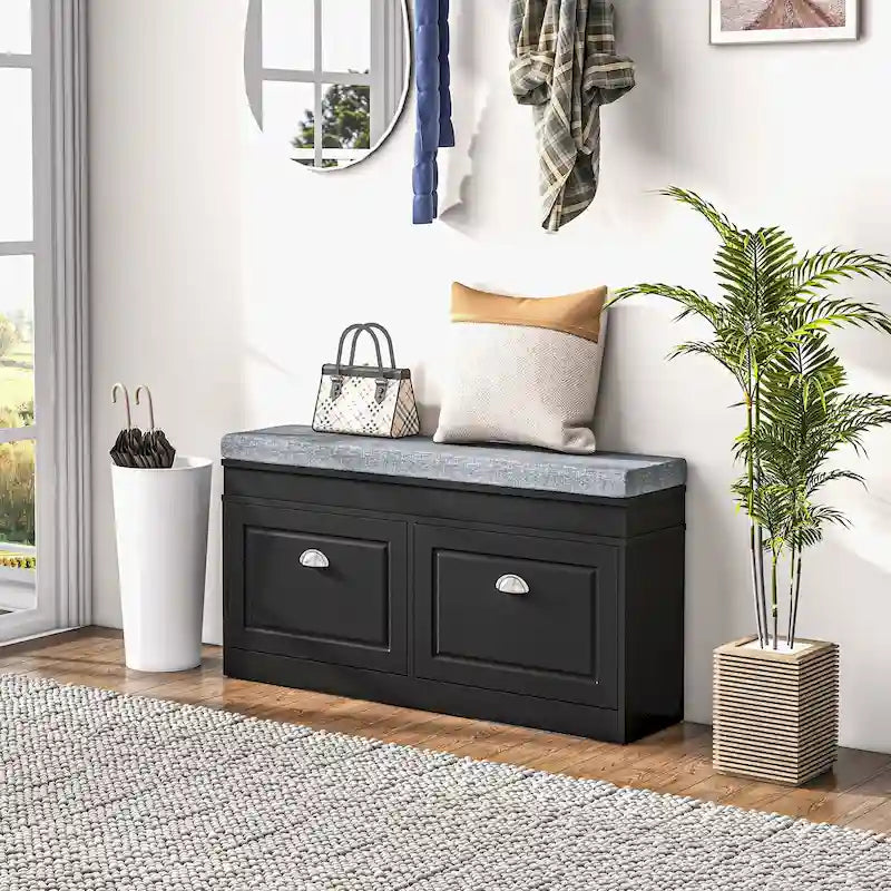 Banc à chaussures HOMCOM pour entrée, meuble de rangement avec coussin, 2 tiroirs, étagère réglable, blanc - 41 x 9,5 x 21,75