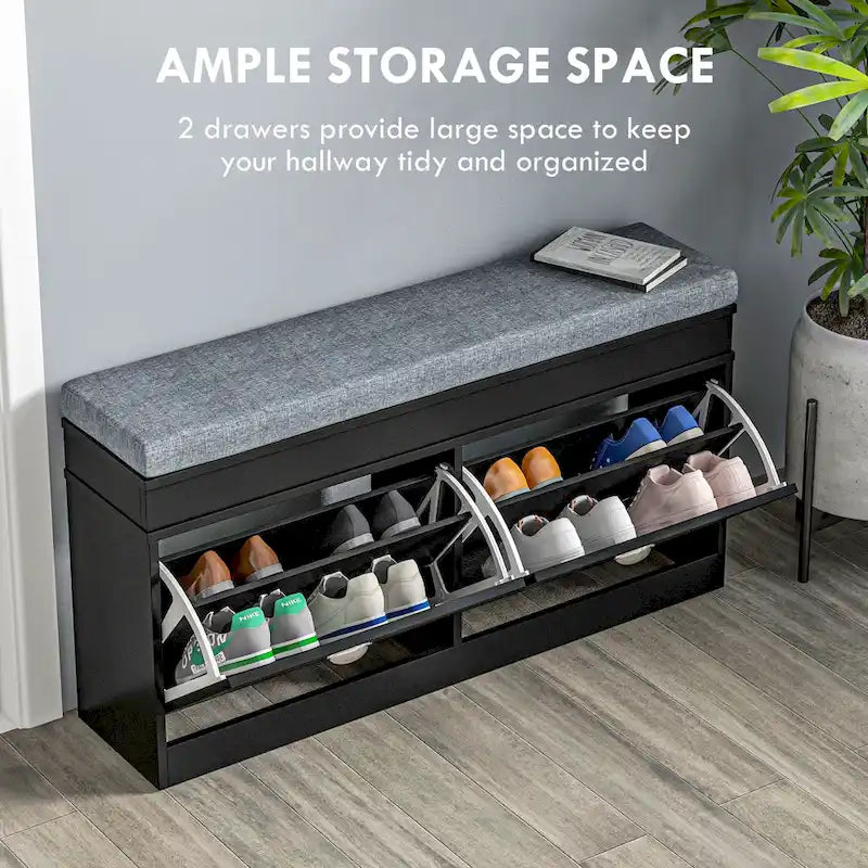 Banc à chaussures HOMCOM pour entrée, meuble de rangement avec coussin, 2 tiroirs, étagère réglable, blanc - 41 x 9,5 x 21,75