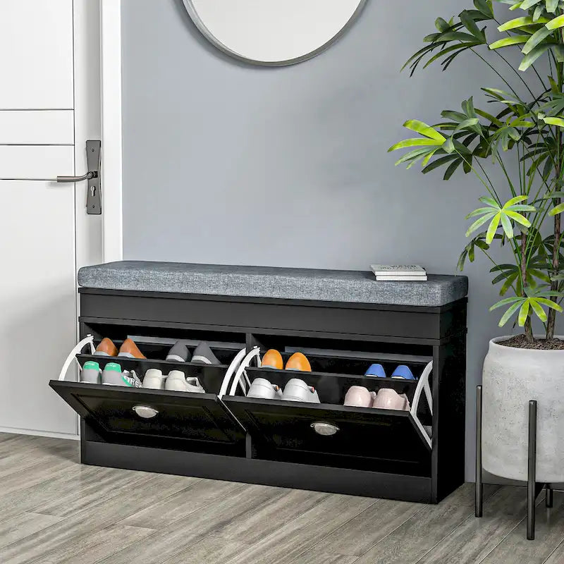 Banc à chaussures HOMCOM pour entrée, meuble de rangement avec coussin, 2 tiroirs, étagère réglable, blanc - 41 x 9,5 x 21,75