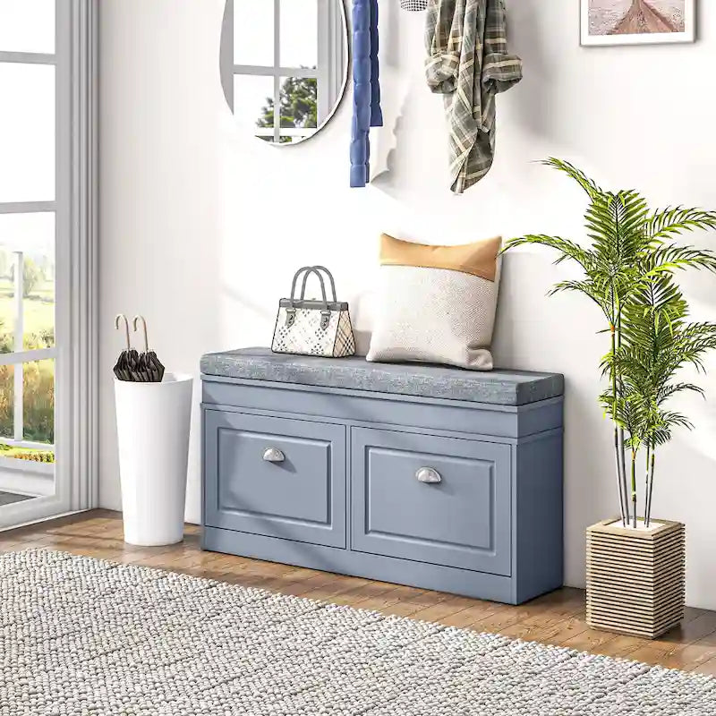 Banc à chaussures HOMCOM pour entrée, meuble de rangement avec coussin, 2 tiroirs, étagère réglable, blanc - 41 x 9,5 x 21,75